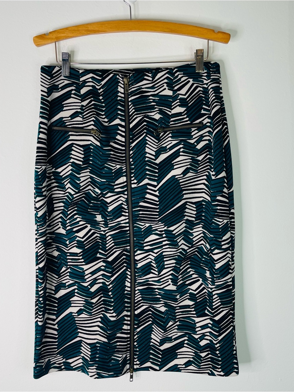 Worthington green black tan striped abstract stretch zip midi pencil skirt 12